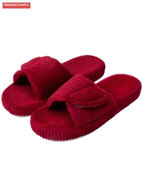 Women's Open Toe Memory Foam Slippers Corduroy Non-Slip Adjustable
